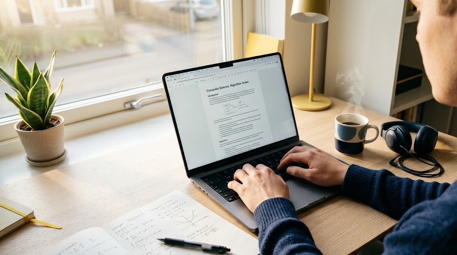 Estudante concentrada a estudar com computador